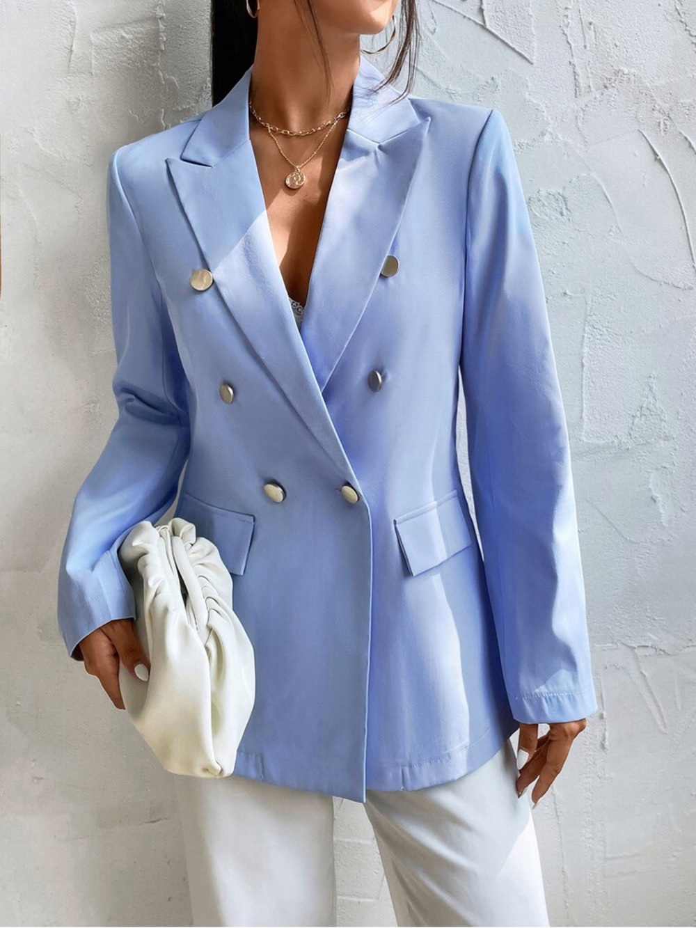 SHEIN Pastel Blue Double-Breasted Blazer